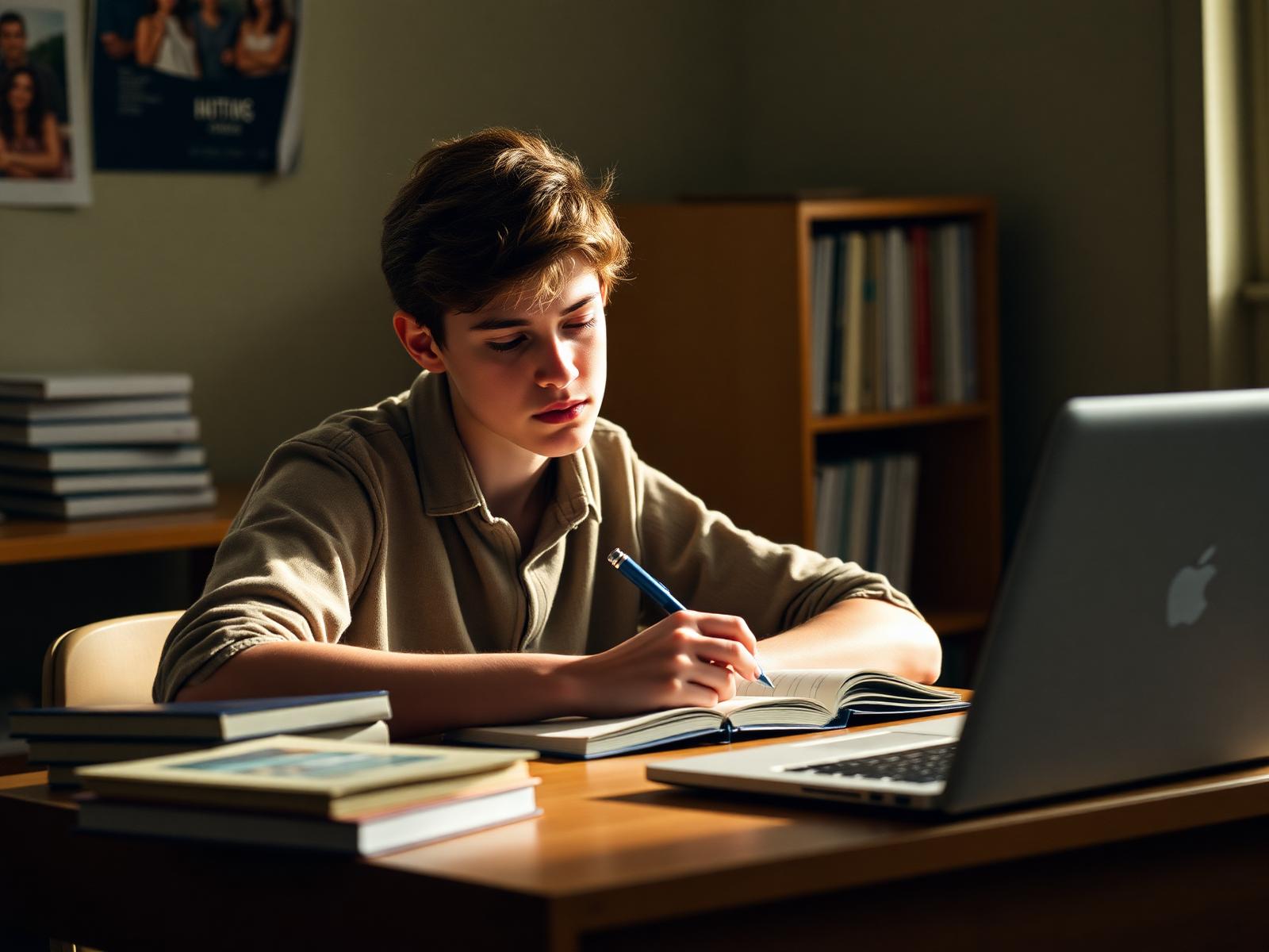 Student studying with textbooks and laptop
